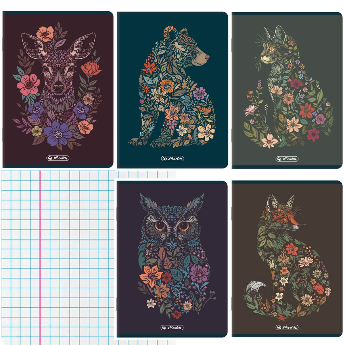 5 SZT. X ZESZYT A5, 32 KARTKI, KRATKA Z MARGINESEM, FLORAL ANIMALS, HERLITZ