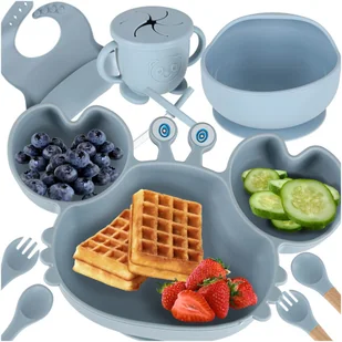 Naczynia silikonowe dla dzieci niemowląt krab zestaw niebieskie 9 el. - Miseczki i talerzyki dla dzieci - miniaturka - grafika 1