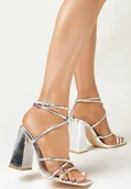 Sandały damskie - Srebrne Lakierowane Sandały na Słupku z Cyrkoniami Chaffa - miniaturka - grafika 1