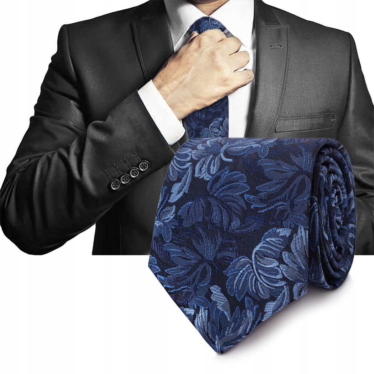 Elegancki KRAWAT Męski Klasyczny GRANATOWY Kwiatowy M.59 Pako Jeans
