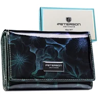 Portfele - PETERSON Poziomy średniej wielkości zielony lakierowany portfel damski w kwiaty rozbudowany na karty i dokumenty skóra naturalna i ekologiczna pudeł.. - miniaturka - grafika 1