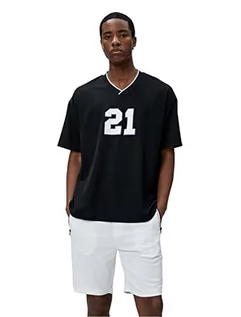 Koszulki męskie - Koton Koszulka męska Oversized Varsity Printed V Neck Short Sleeve, czarny (999), M - grafika 1