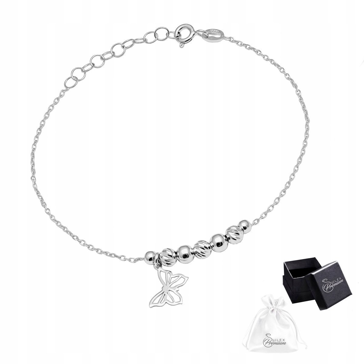 Delikatna Rodowana Bransoletka Srebro pr. 925 Motyl i Diamentowane Kuleczki