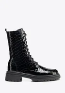 Półbuty męskie - Damskie glany z lakierowanej skóry croco czarne - miniaturka - grafika 1