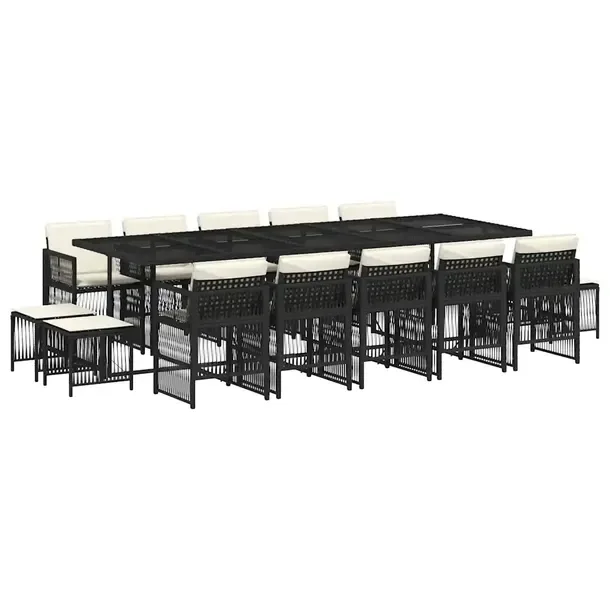 Zestaw mebli ogrodowych czarny rattan PE z kremowymi poduszkami 275x106x73