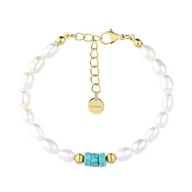 Bransoletki - Złota bransoletka perłowa z turkusowymi kamieniami stal szlachetna - Manoki - miniaturka - grafika 1