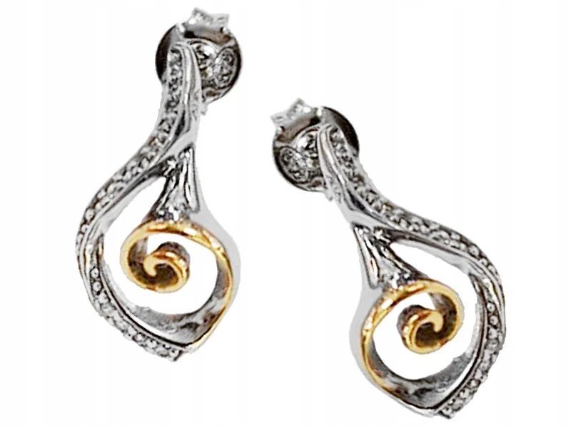 Srebrne wiszące kolczyki 925 ażurowy wzór ze złoceniem na sztyft wkrętki