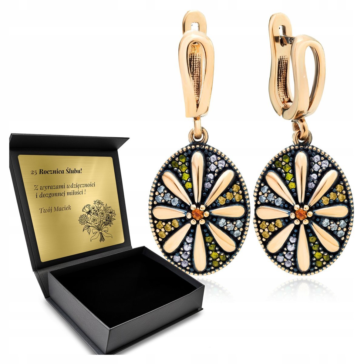 Kolczyki Srebrne 925 Cyrkonie Kwiat Biżuteria Dla Kobiety + Grawer