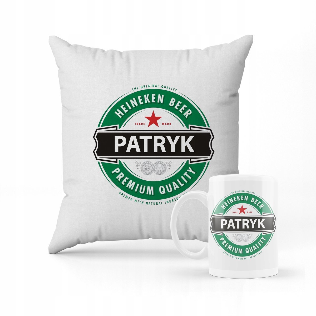 ZESTAW PODUSZKA + KUBEK Prezent dla kolegi z pracy Piwo + IMIĘ
