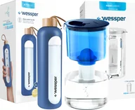 Dzbanki i imbryki - Wessper AquaClassic Crystalline szklany dzbanek z filtrem 3L + ActiveMax Crystalline szklana butelka z silikonowym rękawem 1L w kolorze niebieskim - miniaturka - grafika 1