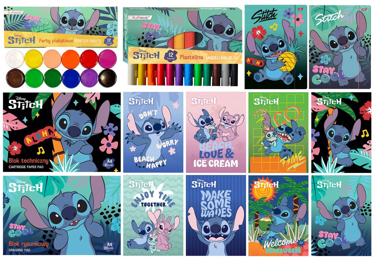 WYPRAWKA SZKOLNA STITCH MAJEWSKI, BLOKI, KREDKI, ZESZYTY, PLASTELINA,TECZKA
