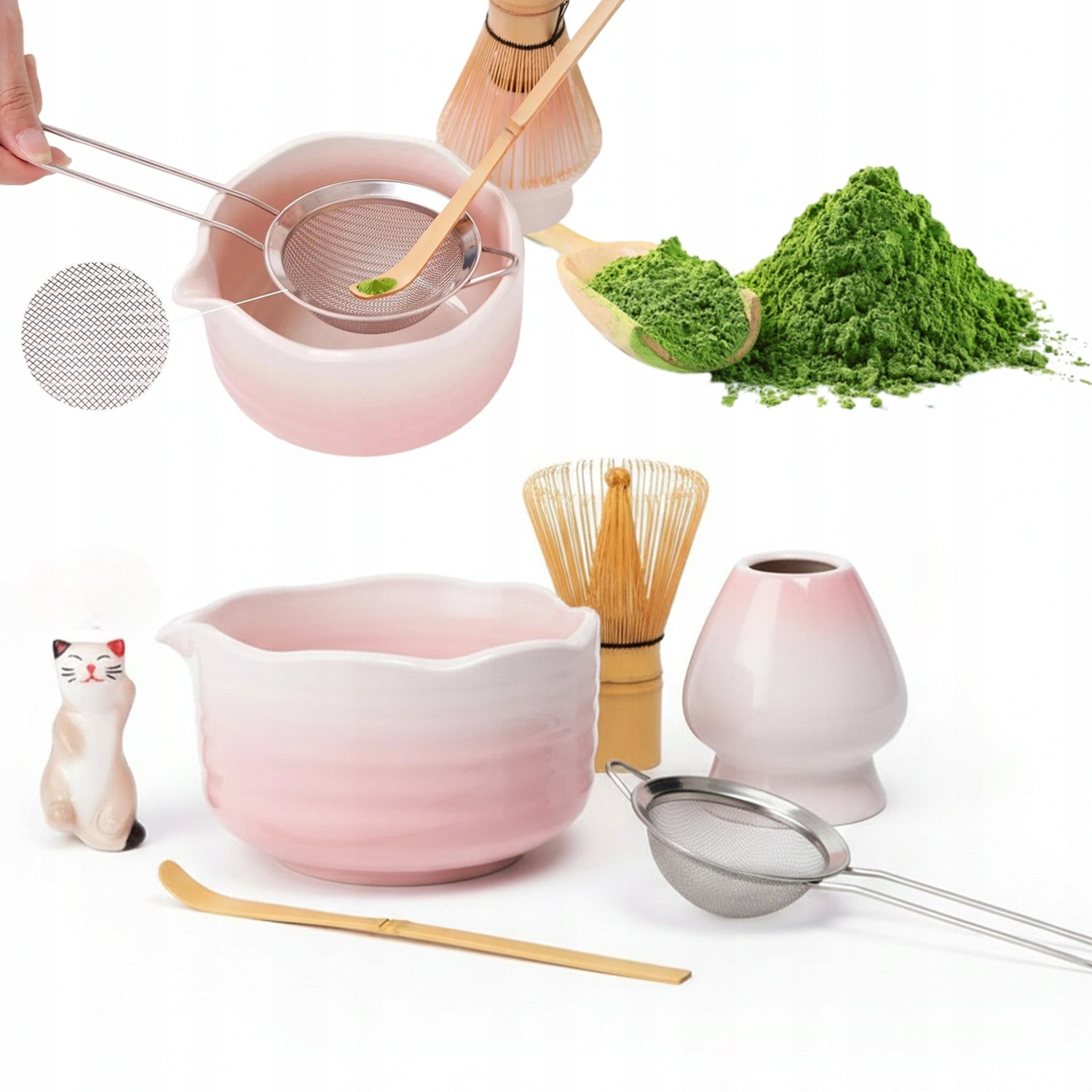 Kompletny Zestaw Matcha Różowo-biały Z Bambusową Trzepaczką I Stojakiem