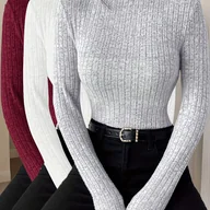 Bluzki damskie - TEMU 3 szt. Eleganckie Koszulki z Kołnierzem Stojącym (Kołnierz) Długi Rękaw – Jednokolorowe Bluzki Zimowe, Średnio Elastyczne, Pranie w Praniu - miniaturka - grafika 1