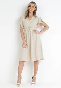 Jasnobeżowa Sukienka z Kopertowym Dekoltem i Paskiem Sizue - Sukienki - miniaturka - grafika 1