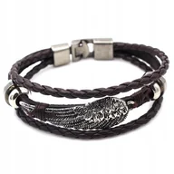 Bransolety męskie - Bransoleta MĘSKA BRĄZOWA EKOSKÓRA SKRZYDŁO SREB 448 - miniaturka - grafika 1