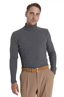 Bluzy męskie - Trendyol Męska bluza z golfem, gładka, wąska, Szary, M - grafika 1