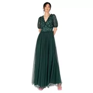 Sukienki - Damska sukienka maxi z dekoltem w serek, z krótkim rękawem, z wybitym tiulem, dla gości weselnych, dla panny młodej, szmaragdowej zieleni, 52, szmaragdowy (Emerald Green), 52 - miniaturka - grafika 1
