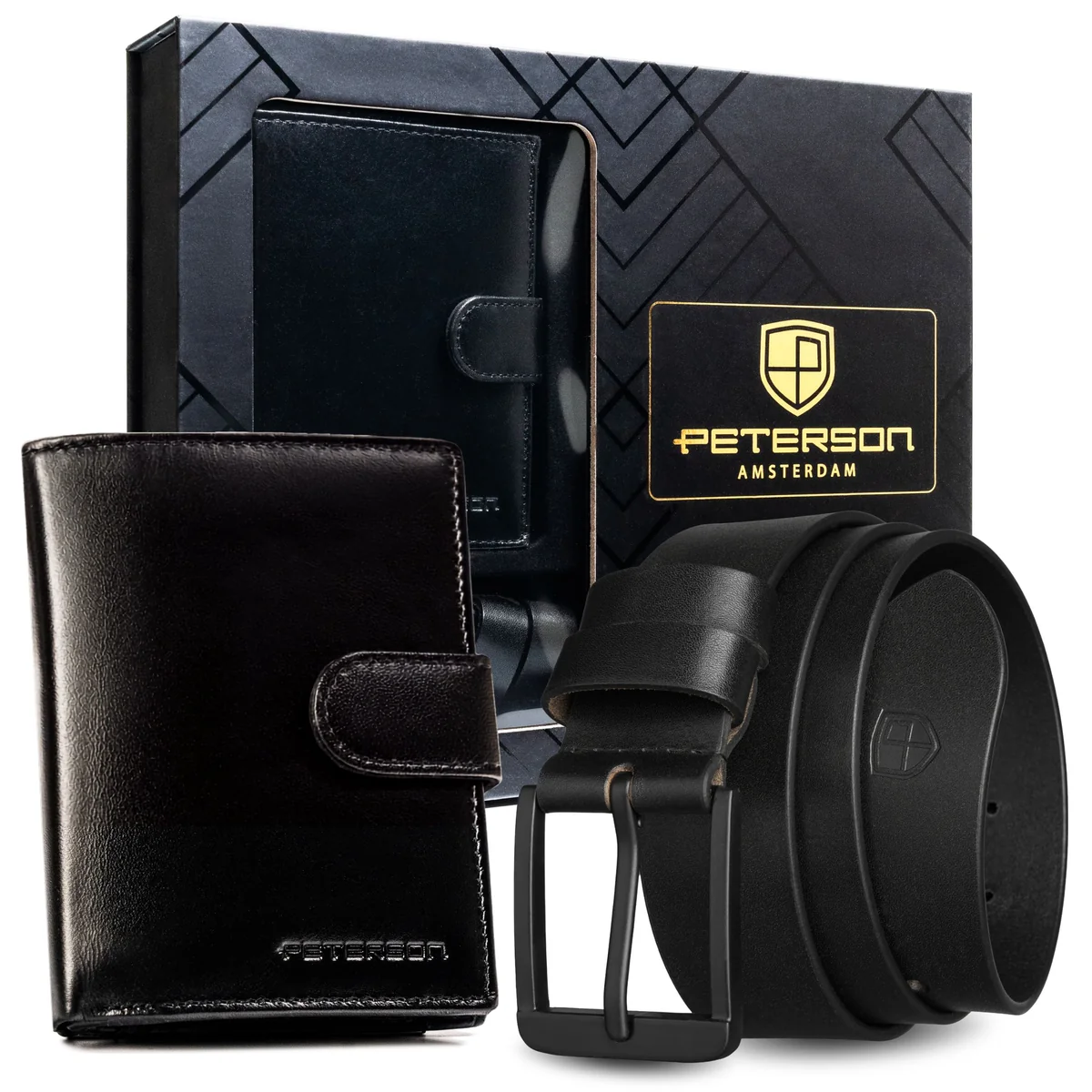 Portfel męski skórzany PETERSON RFID + pasek skórzany 125 zestaw prezent czarny