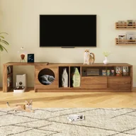 Szafki RTV - Obrotowa szafka RTV z drzwiami szklanymi i miejscem do spania dla kota - 180(+80) x 40 x 50 cm - do salonu i sypialni - MDF + szkło - orzech - miniaturka - grafika 1