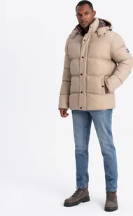 Kurtka męska Ombre Męska kurtka puffer z podszewką w kratę beżowa V2 OM-JAHP-0205 M - Kurtki męskie - miniaturka - grafika 1