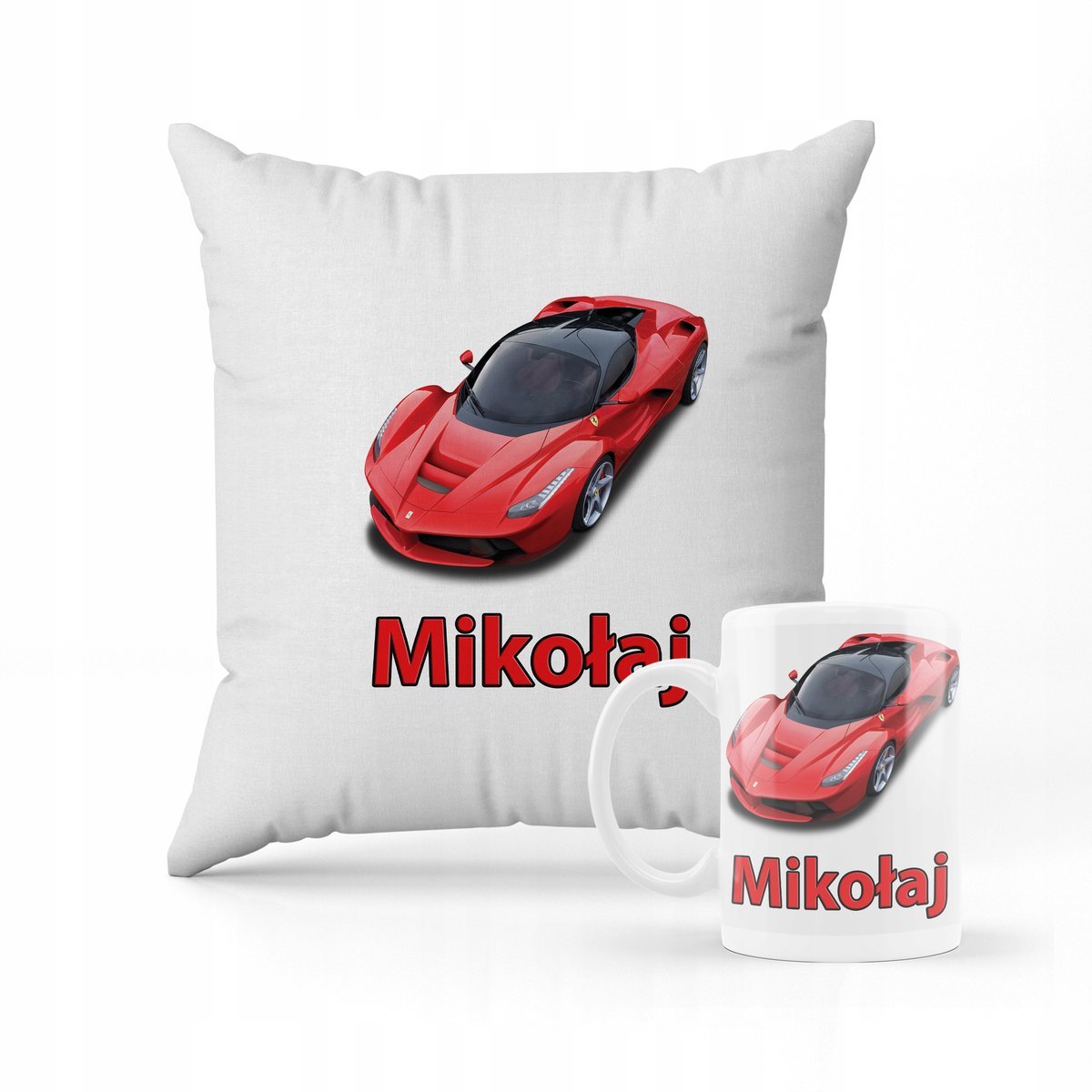 ZESTAW PODUSZKA + KUBEK PREZENT DLA DZIECKA FERRARI AUTO SPORTOWE + IMIĘ4