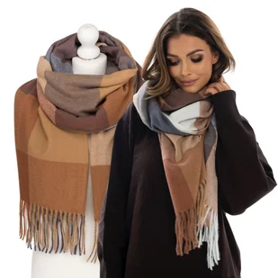 Szalik damski duży modny długi szal stylowy ciepły premium zimowy w kratkę Rovicky brązowy granatowy - Apaszki i szaliki damskie - miniaturka - grafika 1