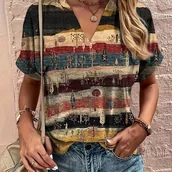 Bluzki damskie - TEMU Bluzka damską z krótkim rękawem, okrągłym dekoltem, kolorowym abstrakcyjnym nadrukiem, lekką poliestrem, modna na każdą porę roku, dla - miniaturka - grafika 1