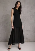 Sukienki - Czarna Ażurowa Sukienka z Transparentnym Dołem i Usztywnionymi Ramionami Semiris - Renee - miniaturka - grafika 1