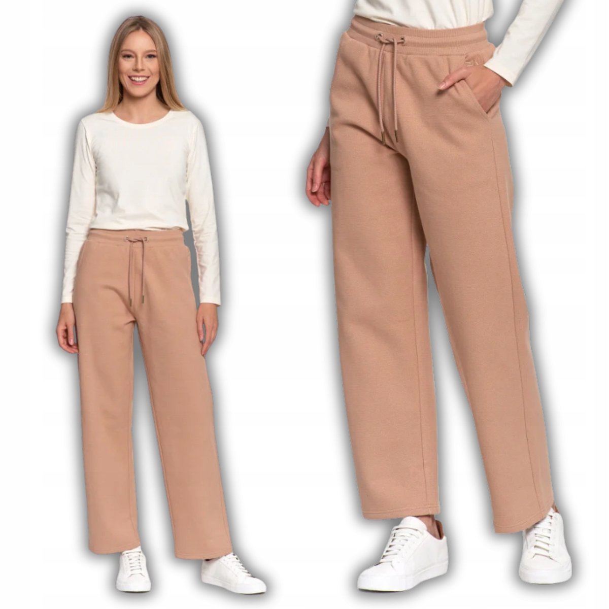 Spodnie Damskie Dresowe Ocieplane Z Wysokim Stanem 100% Bawełna Moraj L Beige