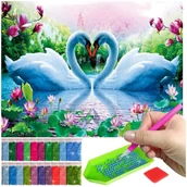 Malowanie po numerach - Haft Diamentowy ARTULIO, Obraz DIY 5D, Diamond Painting, Mozaika diamentowa 30x40cm (Romantyczne łabędzie w kwiecistym stawie) + zestaw akcesoriów - miniaturka - grafika 1