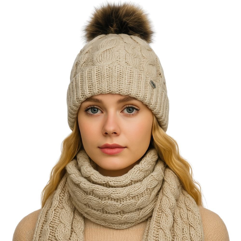 Zimowy komplet damski czapka z pomponem ocieplana polarem i szal beżowy