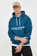 Bluzy męskie - Armani Exchange bluza bawełniana męska kolor niebieski z kapturem z nadrukiem - miniaturka - grafika 1