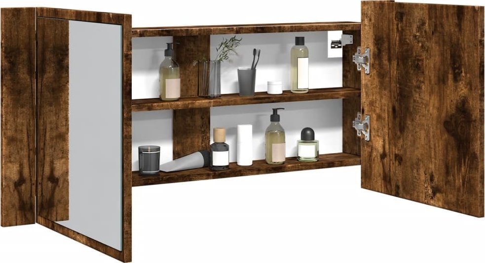vidaXL Szafka łazienkowa z lustrem i LED, przydymiony dąb, 100x12x45cm