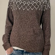 Swetry damskie - TEMU Sweter Damski z Wzorem Geometrycznym w Stylu Vintage - Elegancki z Długim Rękawem i Okrągłym Dekoltem, Brązowy z Białymi i Szarymi Akcentami, - miniaturka - grafika 1