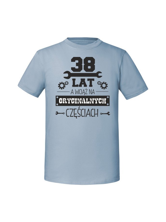 Męska koszulka z nadrukiem - 38 LAT I ORYGINALNE CZESCI Mineralny Błękit XL