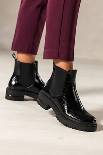 Czarne botki damskie lakierowane Sergio Leone z gumami po bokach bieżnikowana platforma wzór wężowy GI253 - Botki damskie - miniaturka - grafika 1