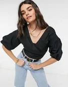 Koszule damskie - Czarna Koszula Krótka Damska z Dekoltem 46 Dug - miniaturka - grafika 1