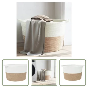 The Living Store Kosz na pranie brązowo-biały Ø60x36 cm bawełna - Kosze na bieliznę - miniaturka - grafika 1