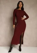 Sukienki - Bordowa Sukienka o Dopasowanym Kroju Ozdobiona Metaliczną Aplikacją Reittia - Renee - miniaturka - grafika 1