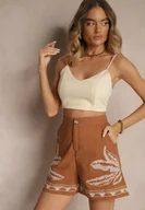Spodenki damskie - Brązowe Szorty High Waist z Bawełny Zdobione Haftem Filianira - miniaturka - grafika 1