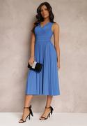 Sukienki - Niebieska Sukienka z Kopertowym Dekoltem i Plisowanym Dołem Anamarie - miniaturka - grafika 1
