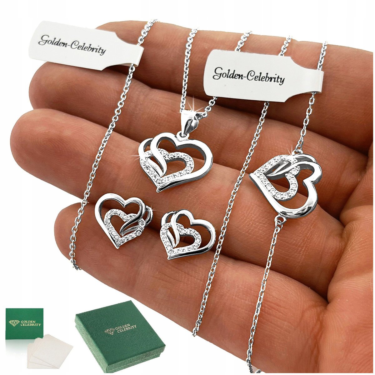 SREBRNY KOMPLET BIŻUTERII SERCA CELEBRYTKI Z CYRKONIAMI SREBRO PRÓBA 925