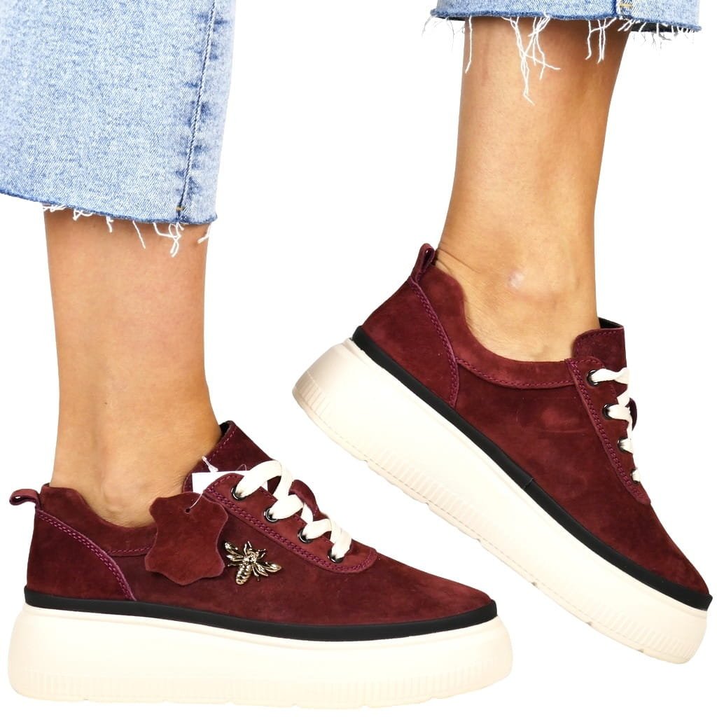 DAMSKIE SNEAKERSY SKÓRZANE TRAMPKI NA PLATFORMIE Z PSZCZÓŁKA VINCEZA 41495 BORDOWE