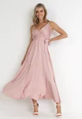 Sukienki - Jasnoróżowa Sukienka Maxi z Gumką w Pasie i Kopertowym Dekoltem Aloyse - miniaturka - grafika 1