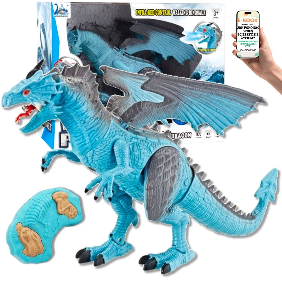 ZDALNIE STEROWANY DINOZAUR SMOK Z PARĄ I DŹWIĘKIEM PILOT, LED, RYK, RUCHOME SKRZYDŁA PREZENT DLA CHŁOPCA WNUCZKA + EBOOK-1