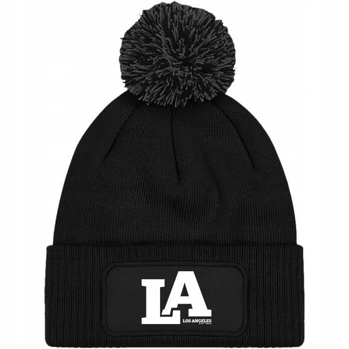 Czapka Czarna z Pomponem LA LOS ANGELES Zimowa Na Prezent Wzory