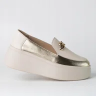 Półbuty damskie - Mokasyny damskie skóra GOODIN GD-LX1073 logo platforma lekkie beż/złoto 41 - miniaturka - grafika 1