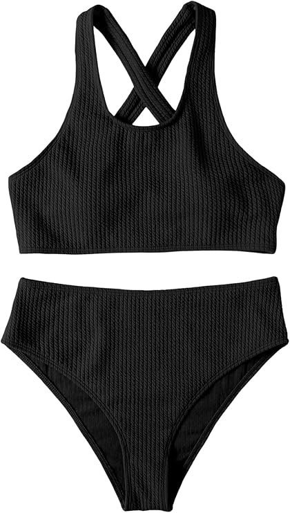 Damski Kostium Kąpielowy Dwuczęściowy Na Ramiączkach Wysoki Stan Czarny XS