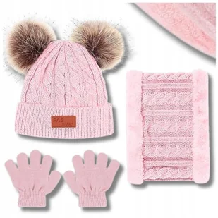 Komplet Czapka Dziecięca rękawiczki Zima komin dziecięcy prążek zestaw Pink - Czapki dla dzieci - miniaturka - grafika 1