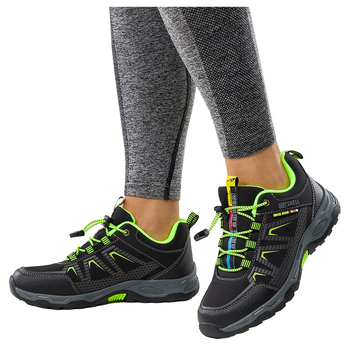 Czarne buty trekkingowe damskie buty sportowe na bieżnikowanej podeszwie z regulowaną elastyczną sznurówką seledynowe wstawki softshell Casu 2213-4W..